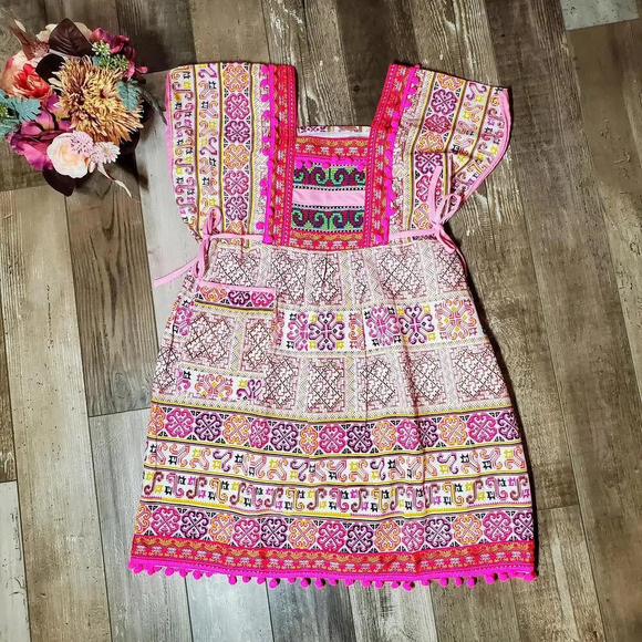 Dresses & Skirts - Pink Boho Thai Dress One Size Midi Tie Sides Embroidered Multi Color